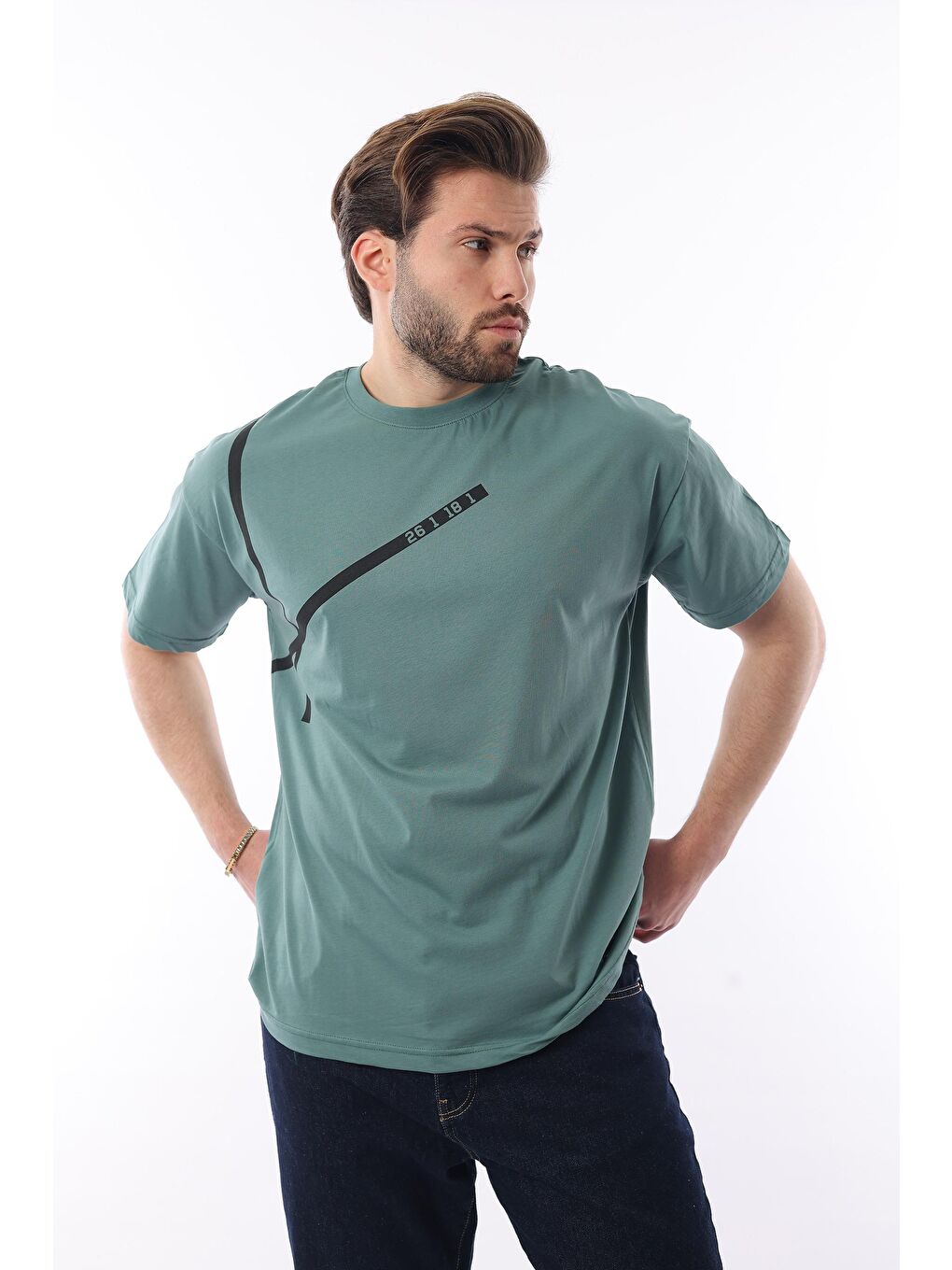 Yeşil Bisiklet Yaka Şerit Detaylı Pamuklu Erkek %100 Pamuk Tişört E7033