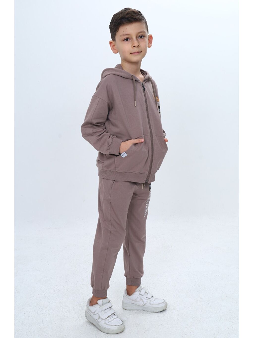 Ekru Erkek Çocuk 2'li Takım Baskılı Kapüşonlu Fermuarlı Sweatshirt & Beli Paçası Lastikli Cepli Jogger Eş-1