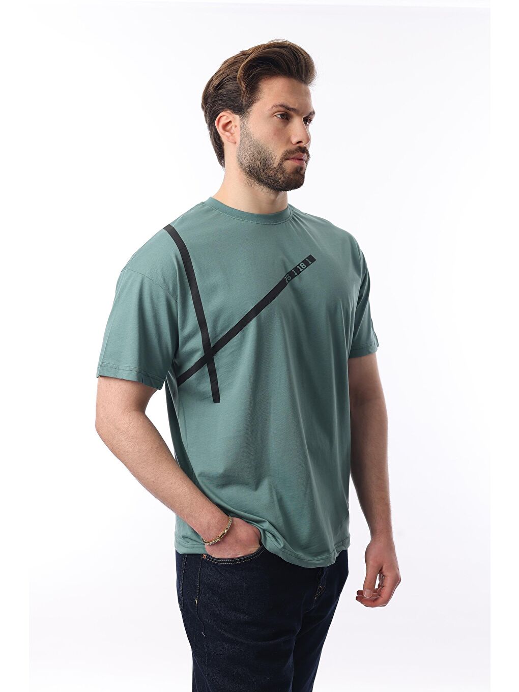 Yeşil Bisiklet Yaka Şerit Detaylı Pamuklu Erkek %100 Pamuk Tişört E7033-1