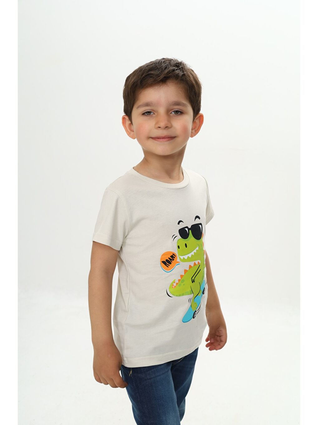 Ekru Erkek Çocuk Gözlüklü Dinozor Baskılı Tişört-1