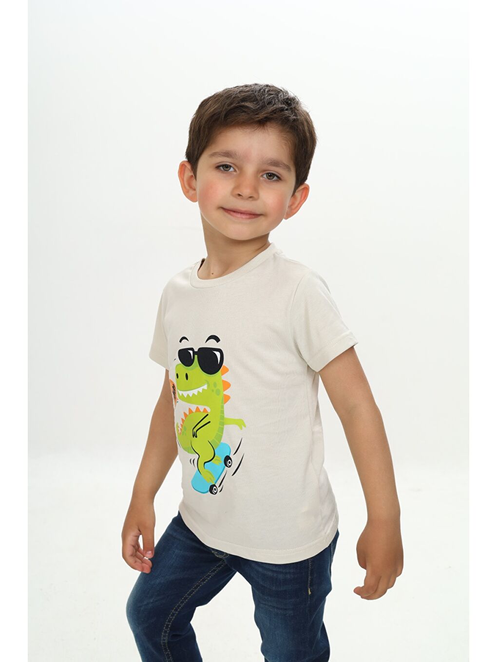 Ekru Erkek Çocuk Gözlüklü Dinozor Baskılı Tişört-2