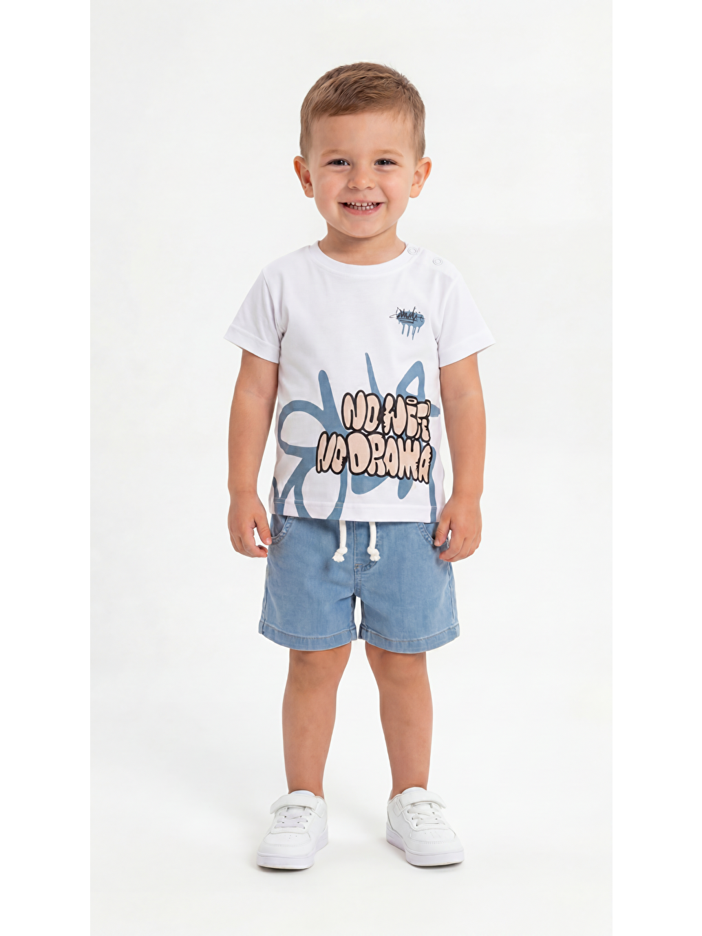 Beyaz No Drama Baskılı Erkek Bebek Alt Üst Takım