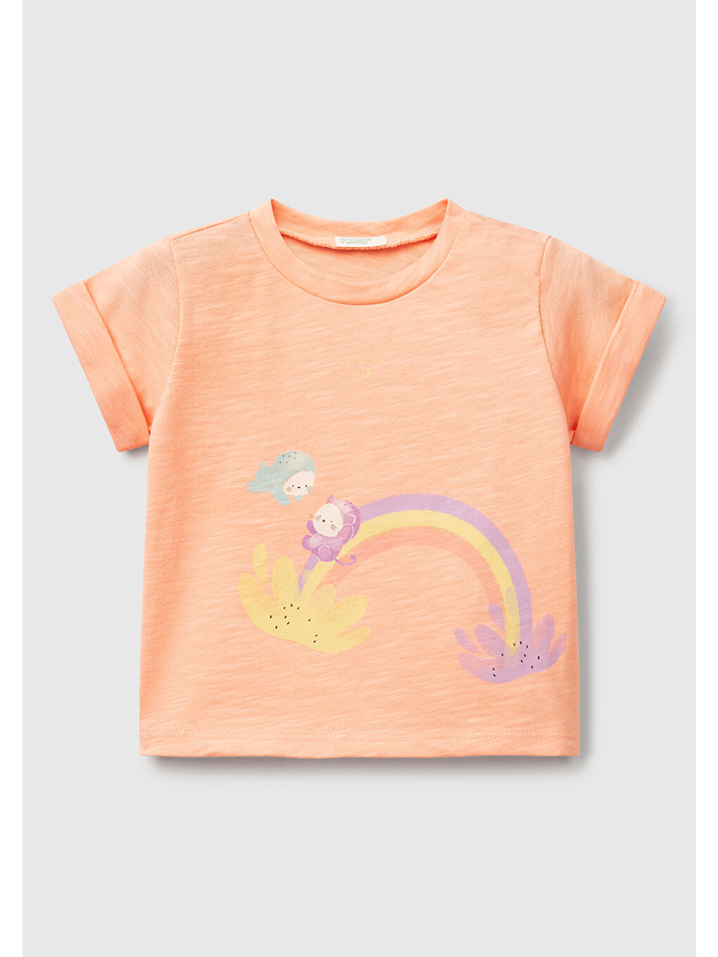 Bej Bebek Yavruağzı Önü Baskılı Omzu Çıtçıtlı Manşet Detaylı T-Shirt