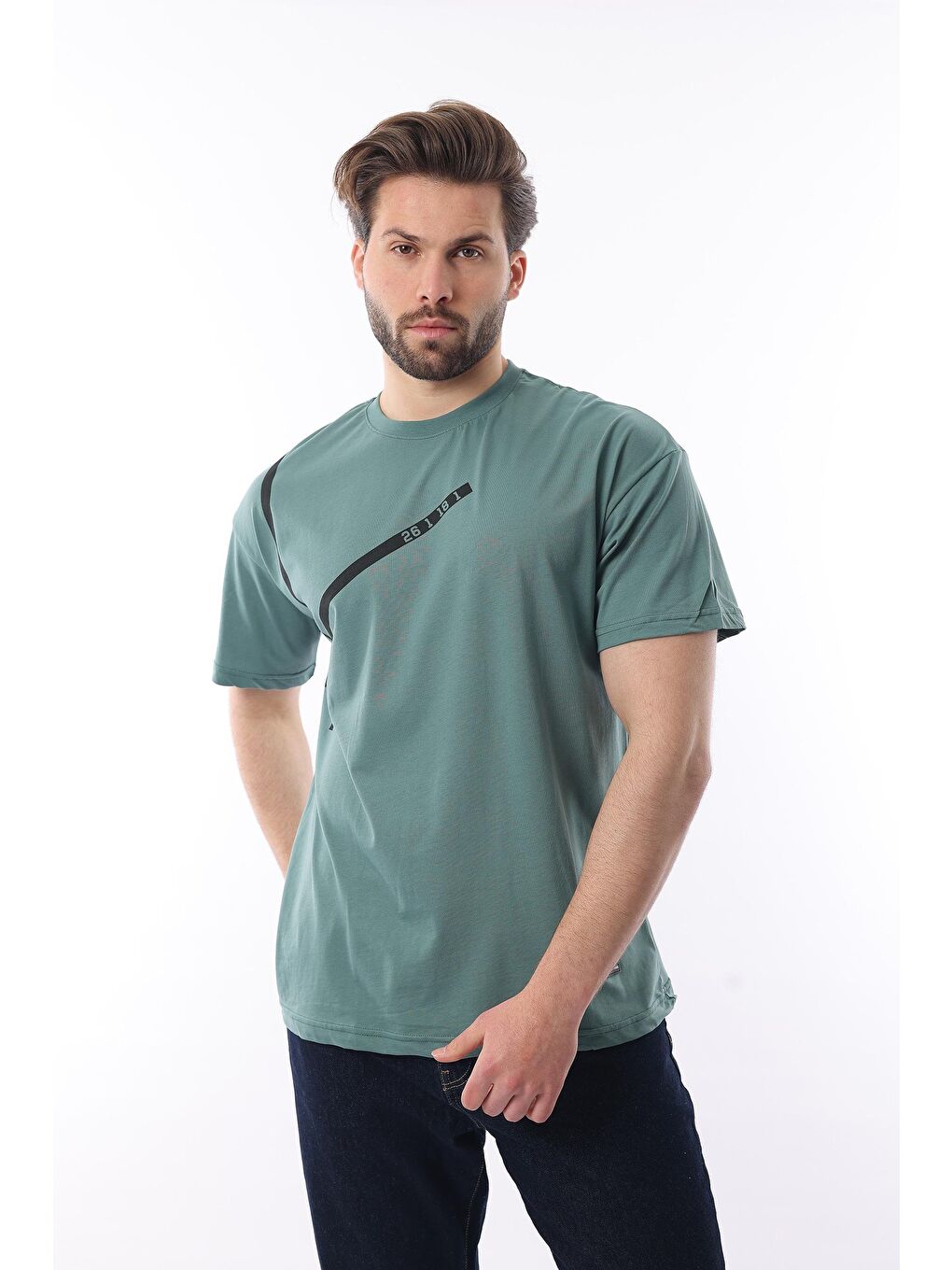 Yeşil Bisiklet Yaka Şerit Detaylı Pamuklu Erkek %100 Pamuk Tişört E7033-2