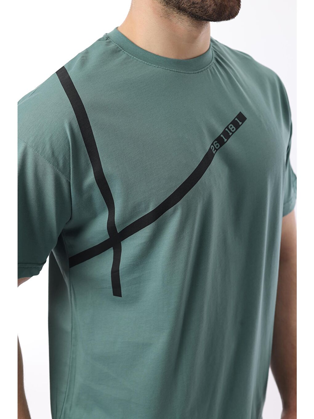 Yeşil Bisiklet Yaka Şerit Detaylı Pamuklu Erkek %100 Pamuk Tişört E7033-3