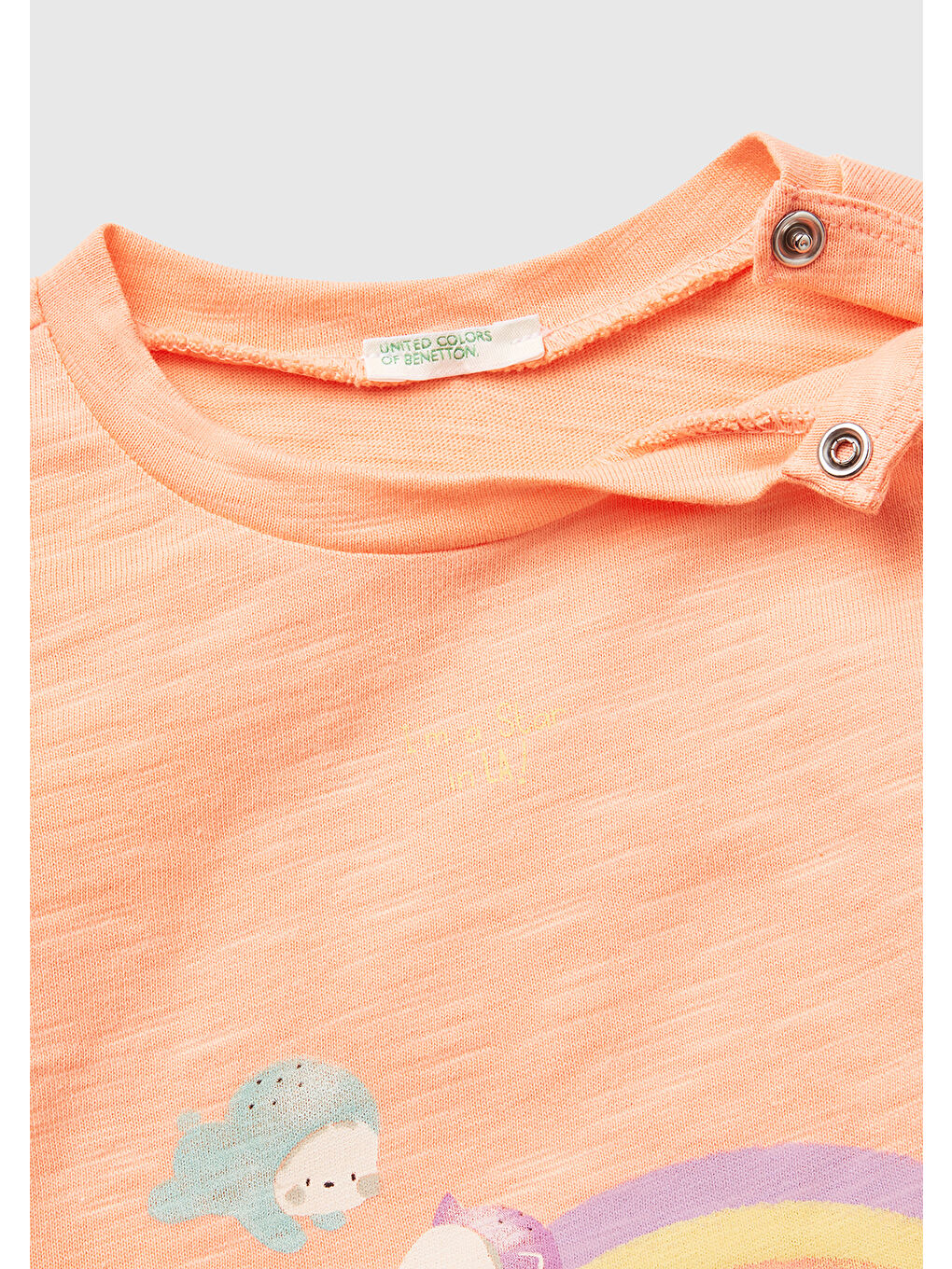 Bej Bebek Yavruağzı Önü Baskılı Omzu Çıtçıtlı Manşet Detaylı T-Shirt-2