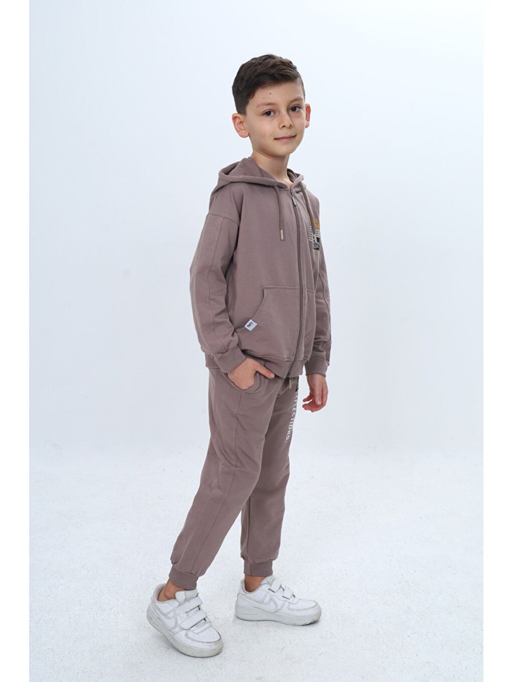 Ekru Erkek Çocuk 2'li Takım Baskılı Kapüşonlu Fermuarlı Sweatshirt & Beli Paçası Lastikli Cepli Jogger Eş-3