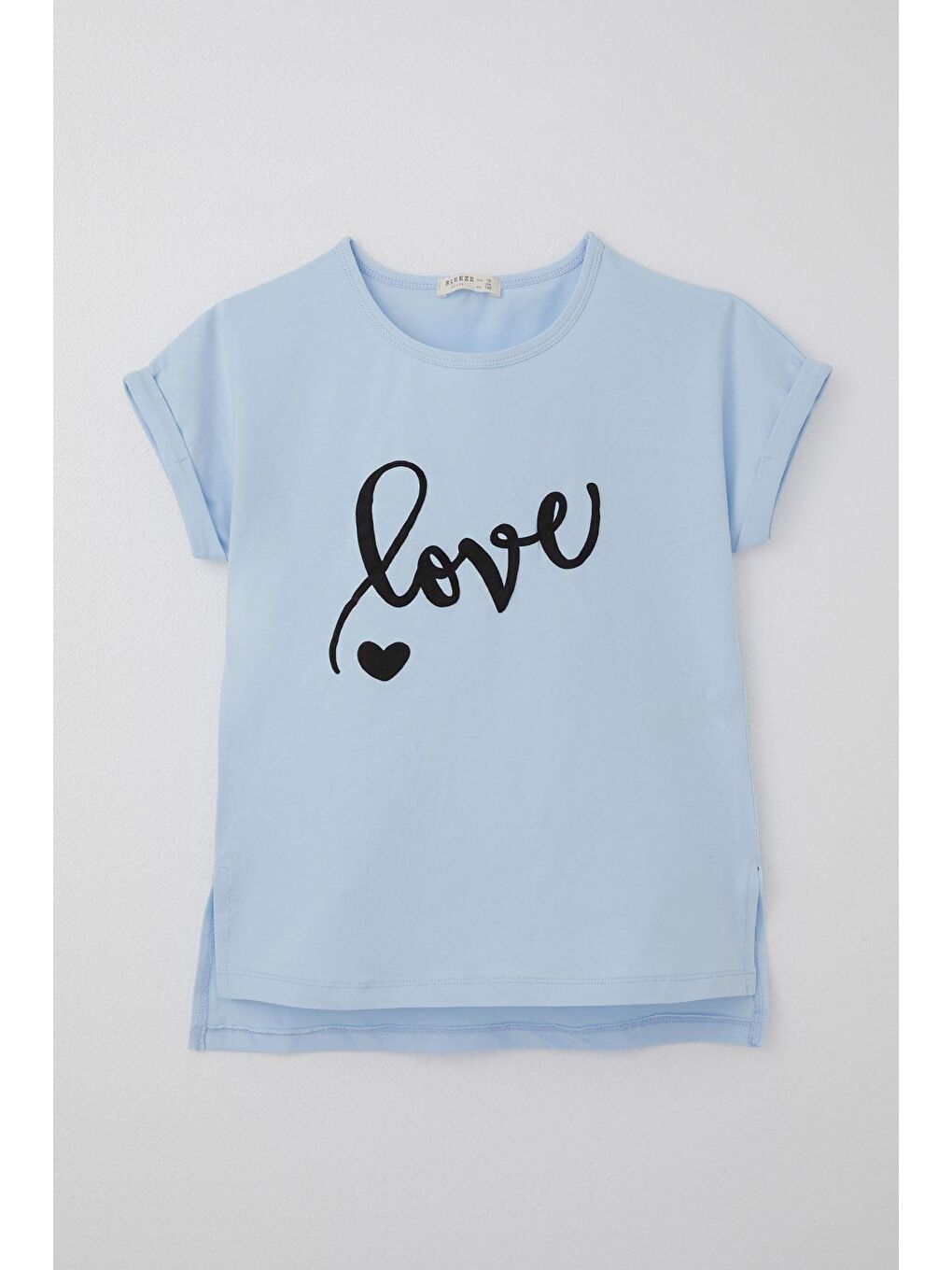 Kız Çocuk Tişört Kabartma Yazı Baskılı Yırtmaçlı Açık Mavi (10-16 Yaş)