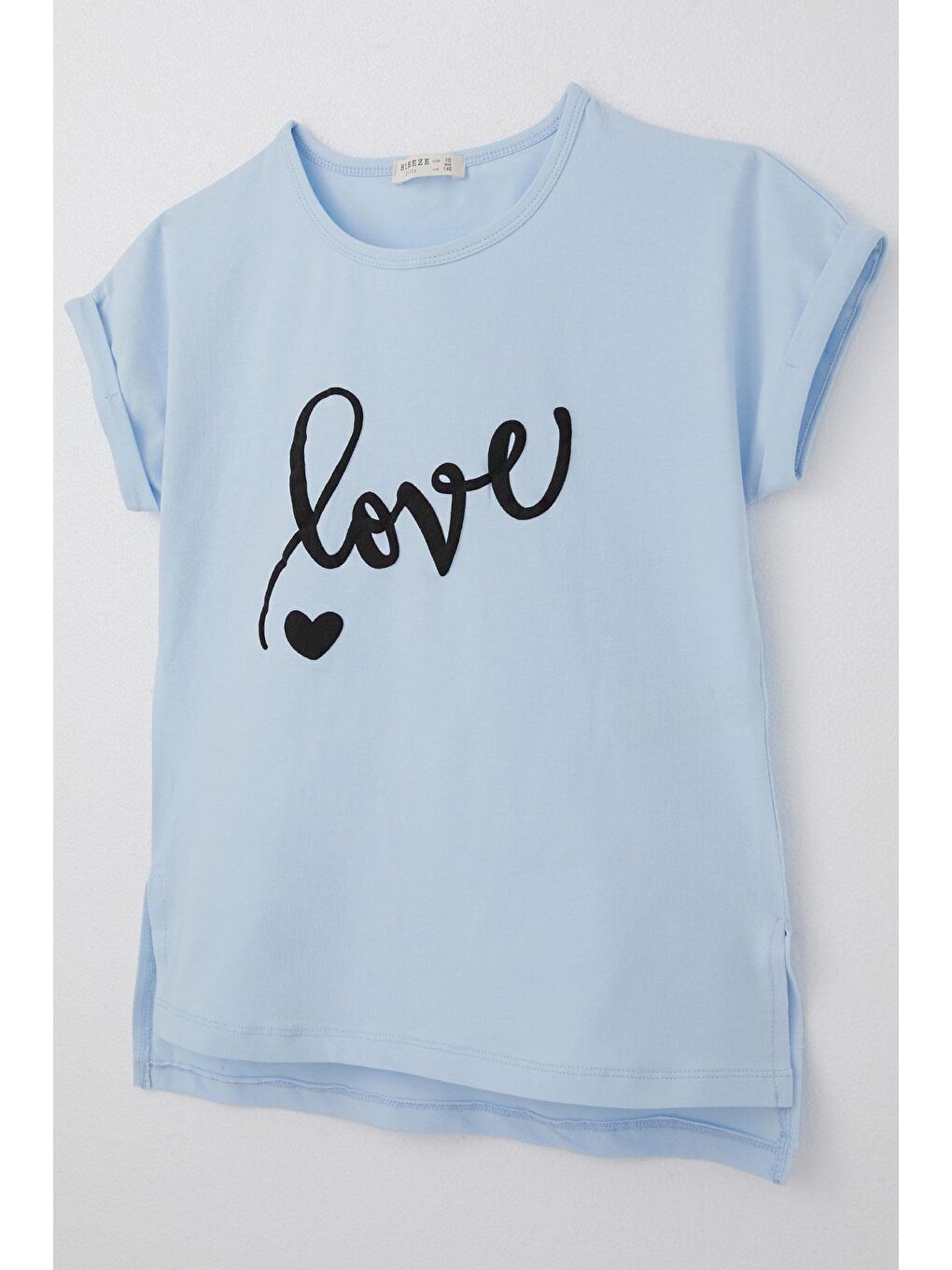 Kız Çocuk Tişört Kabartma Yazı Baskılı Yırtmaçlı Açık Mavi (10-16 Yaş)-2