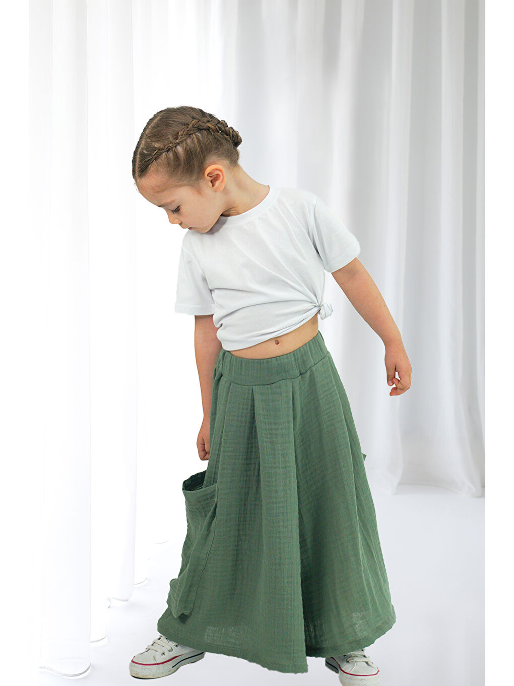 Kız Çocuk Cali  Haki Müslin Pantolon Etek-3