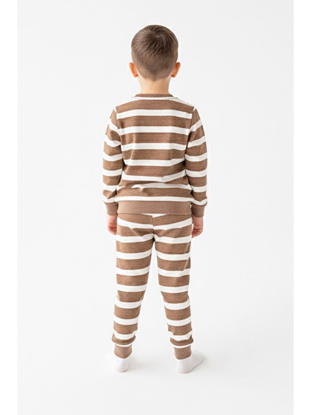 Bej Kız Çocuk Vizon Çizgili Nakışlı İki İplik İkili Takım - 27977-VIZON-1