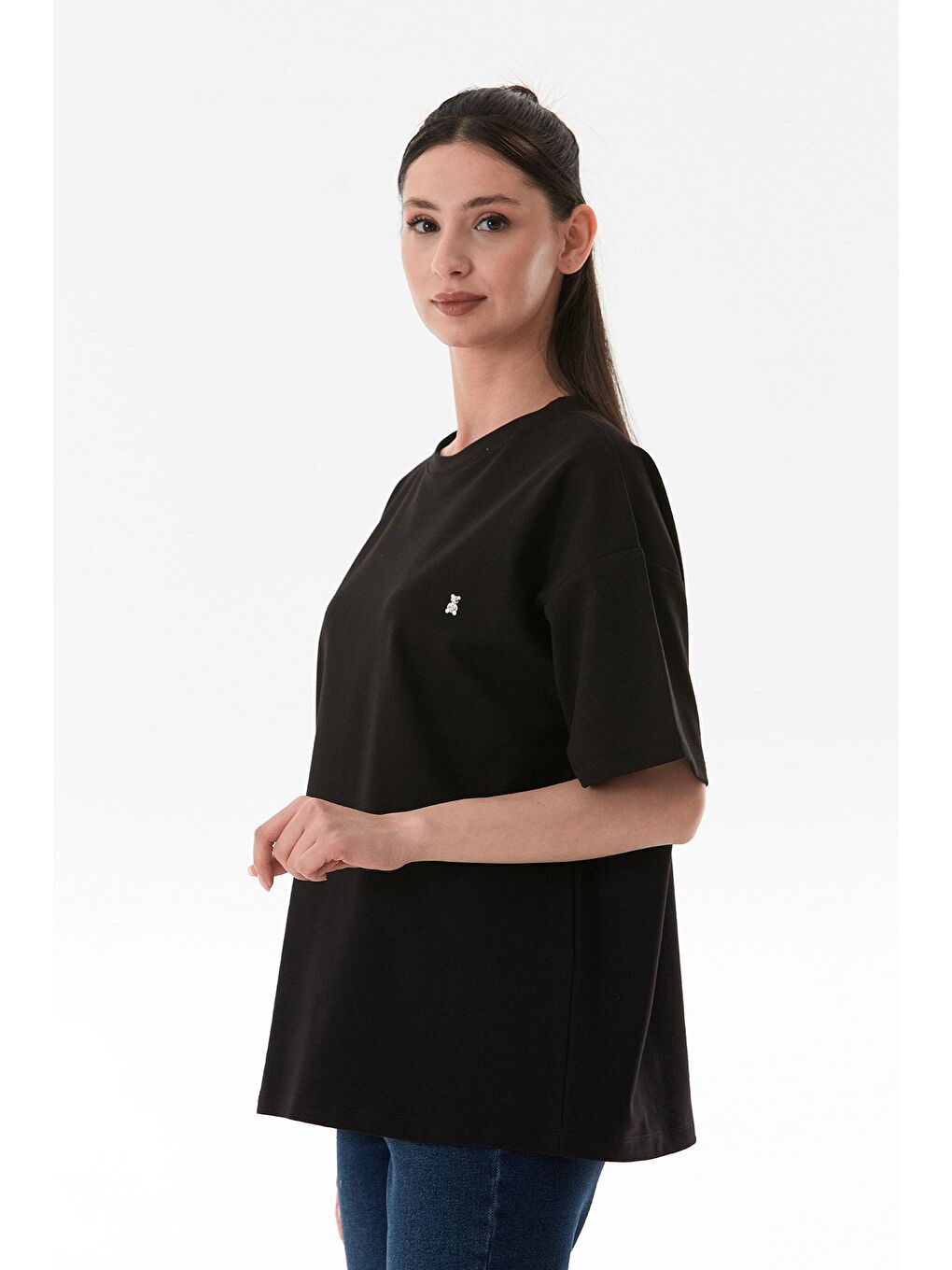 Siyah Ayıcık Detaylı Oversize Tişört-2