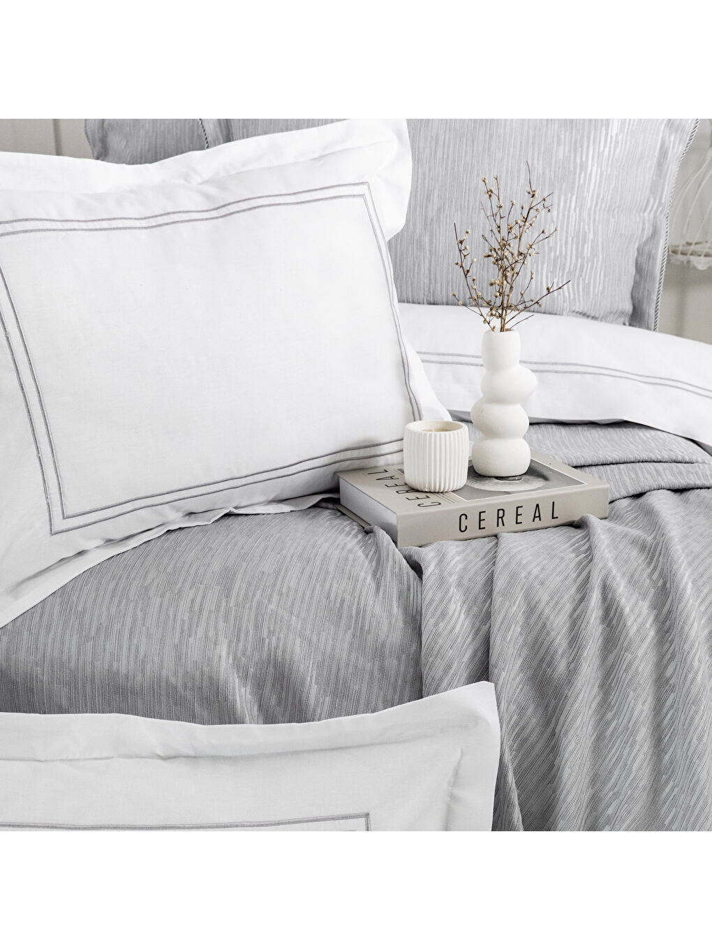 Home Pavia Şönil Çift Kişilik Yatak Örtüsü Nevresim Seti 7 Parça-Gri-4