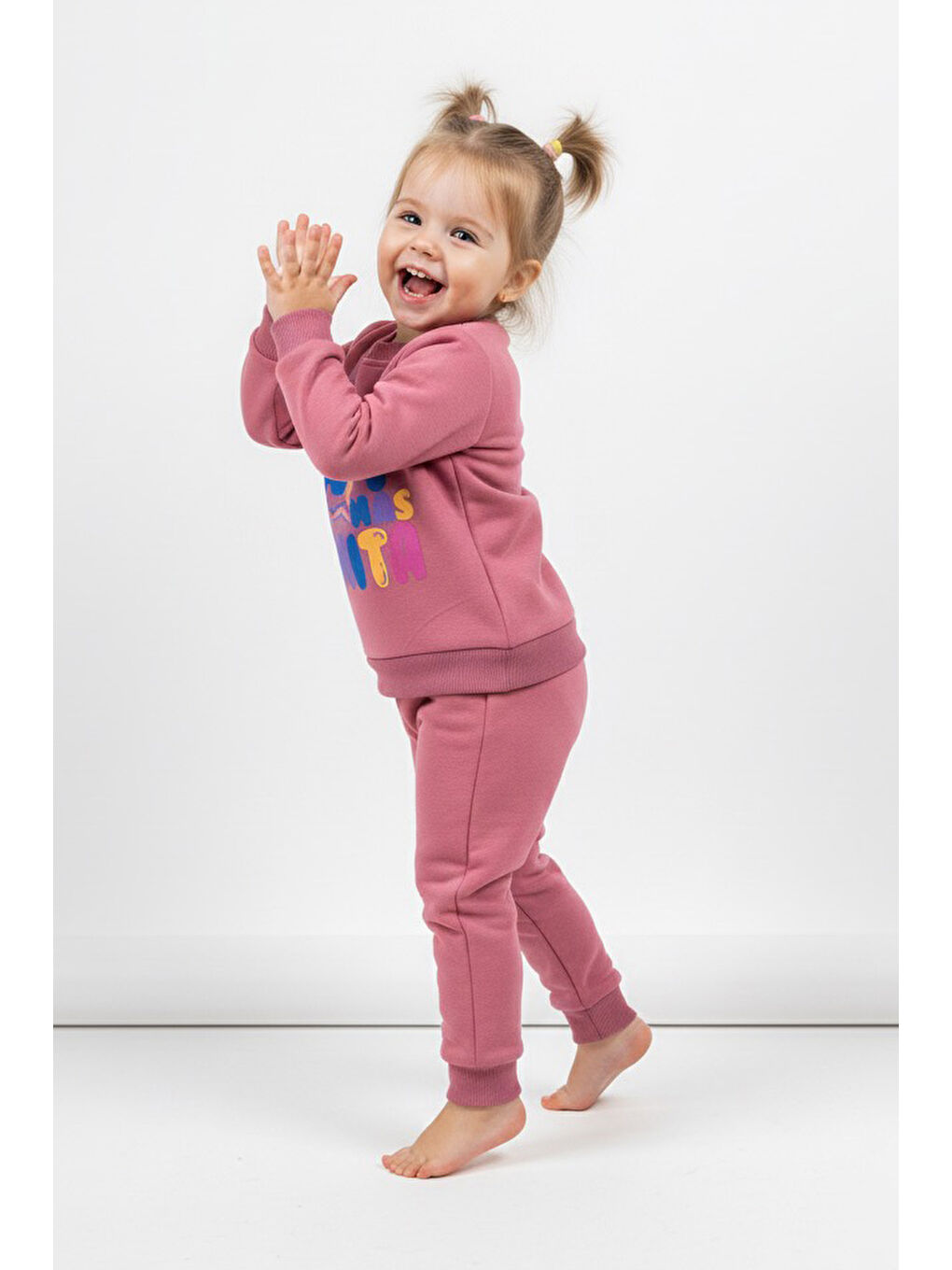 Pembe Kız Çocuk Gül Baskılı Üç İplik Şardonlu Takım - 27964-GUL-1