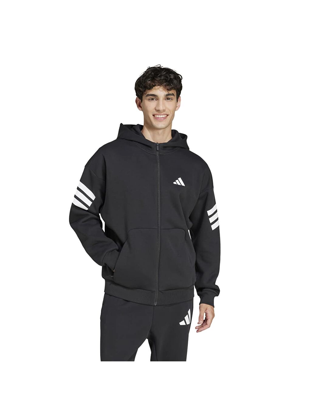 Fleece Insulated 3 Stripes Erkek Siyah Fermuarlı Sweatshirt