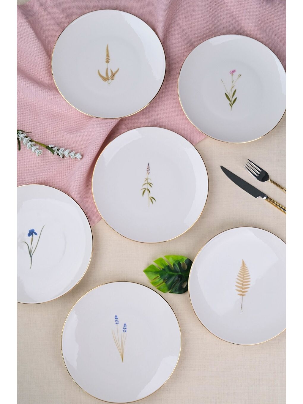 Beyaz Porselen Natura Karma Altın Yaldız Pasta Tabağı 20,50cm 6 lı