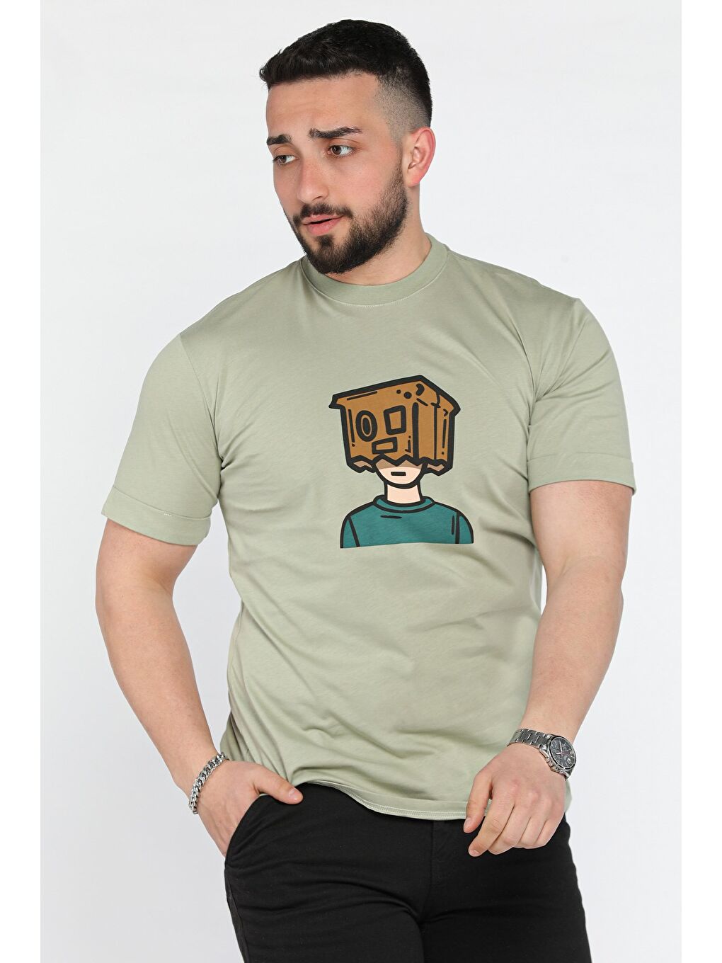 Haki Bisiklet Yaka Kol Katlamalı Baskılı Erkek Tişört-1