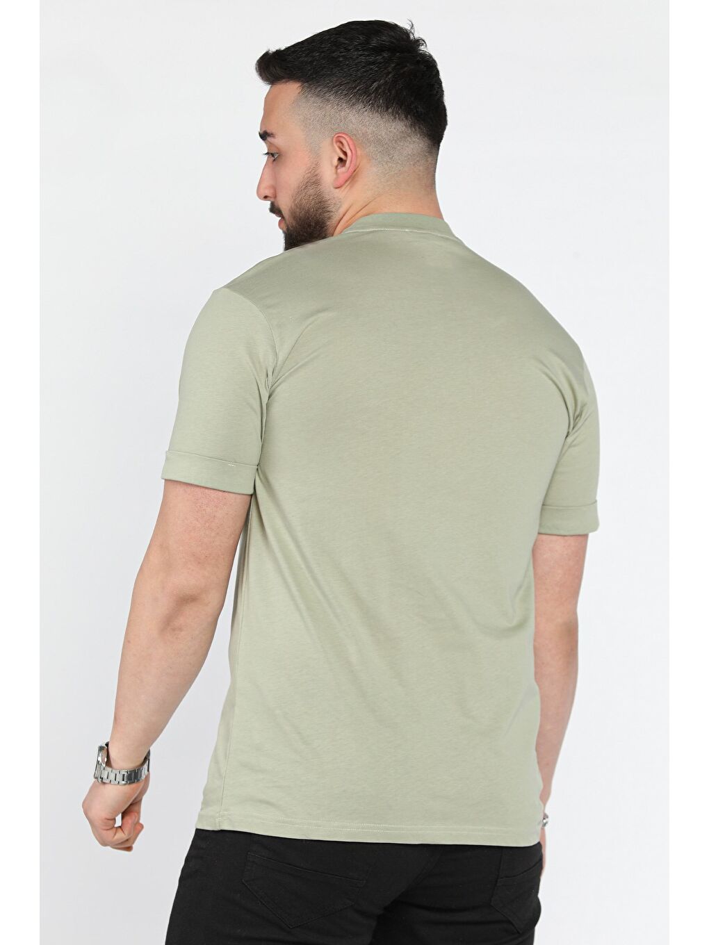 Haki Bisiklet Yaka Kol Katlamalı Baskılı Erkek Tişört-2