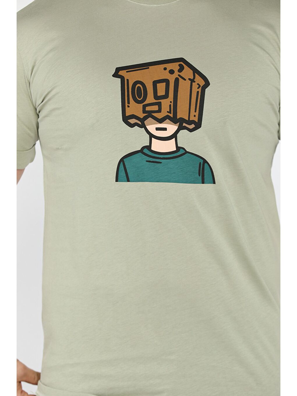 Haki Bisiklet Yaka Kol Katlamalı Baskılı Erkek Tişört-3