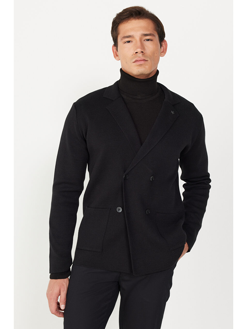Erkek Siyah Standart Fit Normal Kesim Kruvaze Yaka Triko Ceket