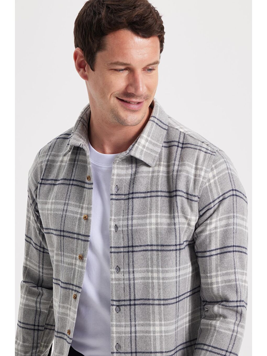 Gri Erkek Slim Fit Dar Kesim Kareli Kışlık Oduncu Gömlek-2