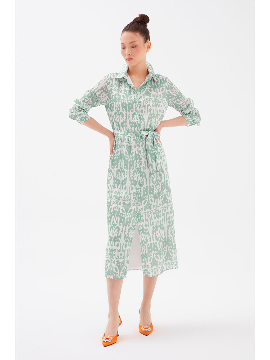 Kuşaklı Desenli Midi Elbise - Yeşil