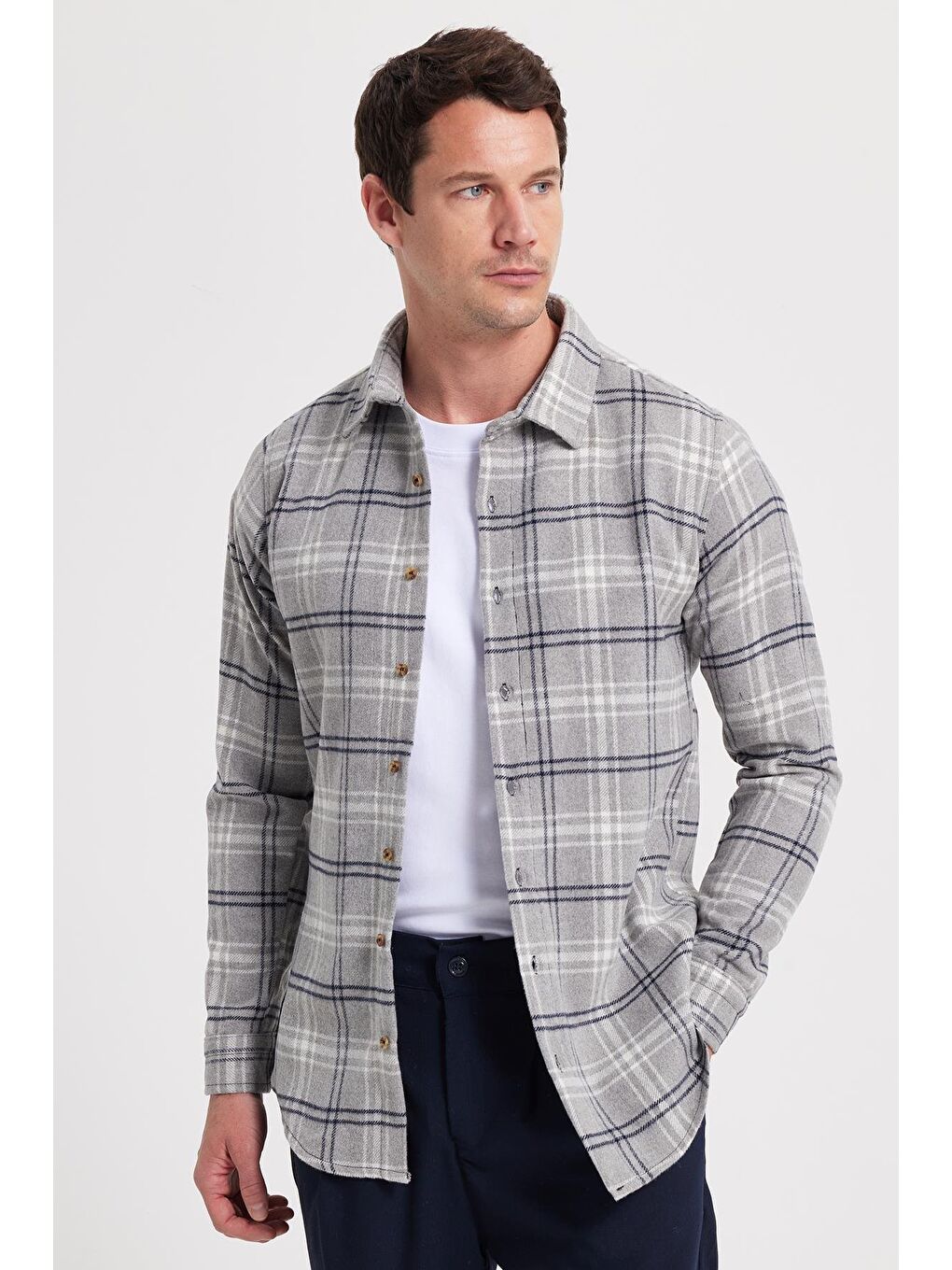 Gri Erkek Slim Fit Dar Kesim Kareli Kışlık Oduncu Gömlek-6