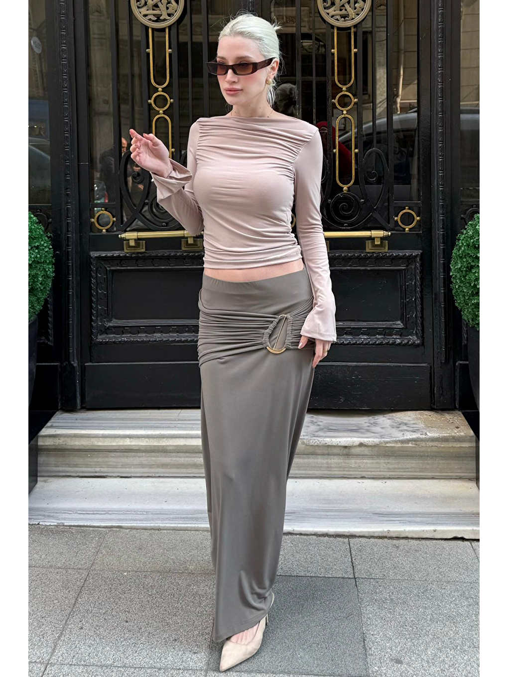 Haki Toka Detaylı Büzgülü Uzun Kadın Etek Mg2700-1