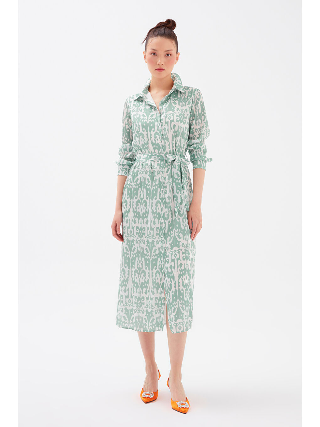 Kuşaklı Desenli Midi Elbise - Yeşil-1