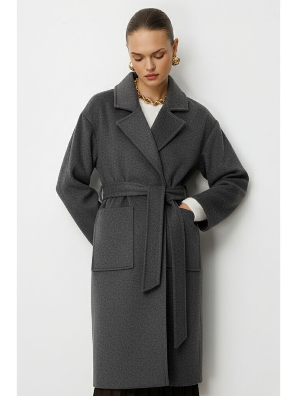 Yünlü Kaşe Doku Torba Cepli Basic Antrasit Kaban-1