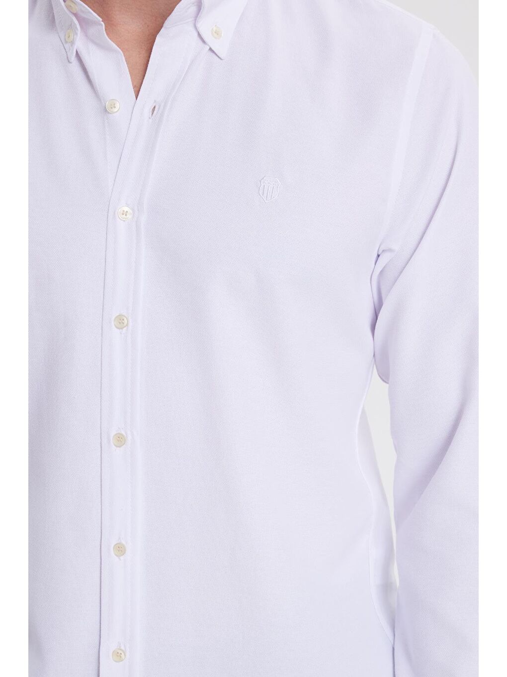Erkek Slim Fit Dar Kesim Düz Oxford Armalı Düğmeli Yaka Beyaz Spor Gömlek-2