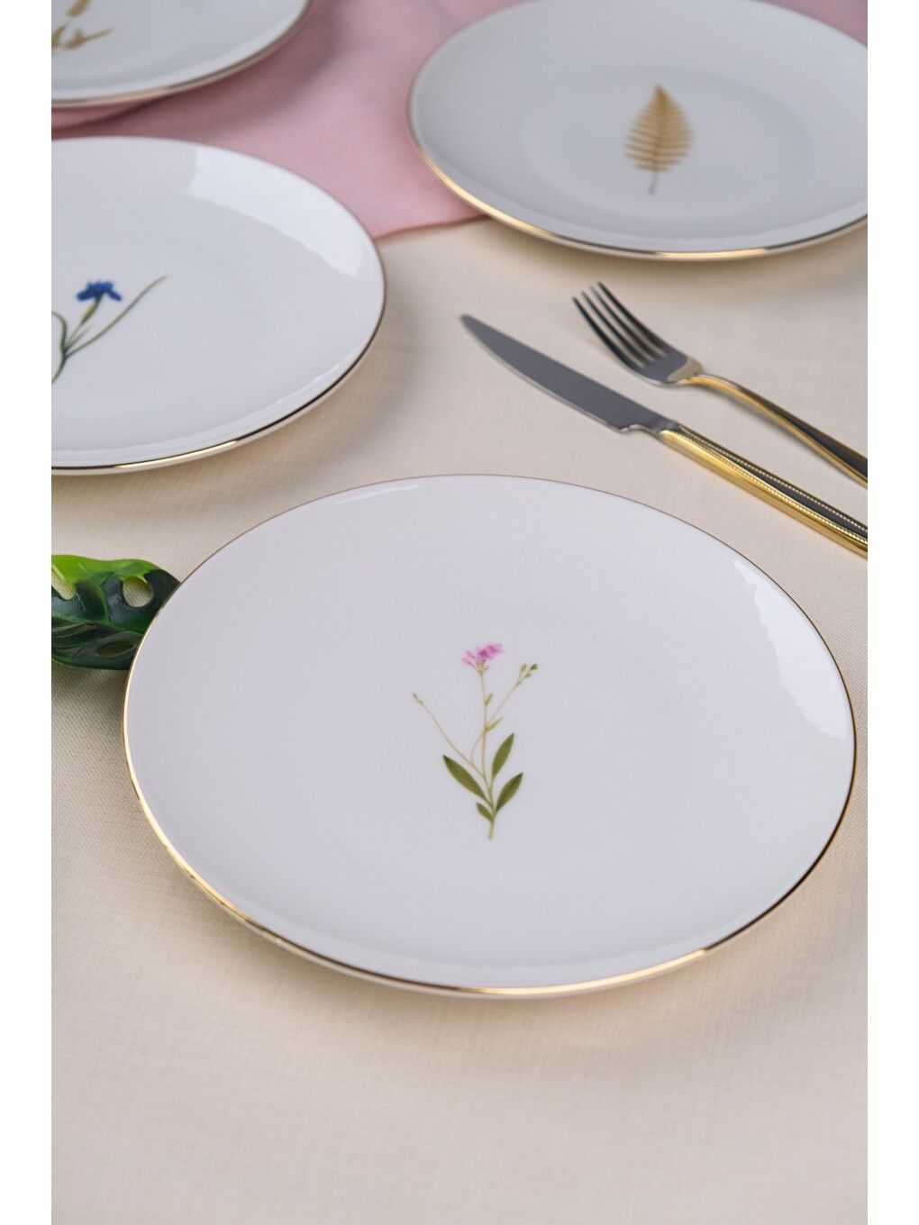 Beyaz Porselen Natura Karma Altın Yaldız Pasta Tabağı 20,50cm 6 lı-1