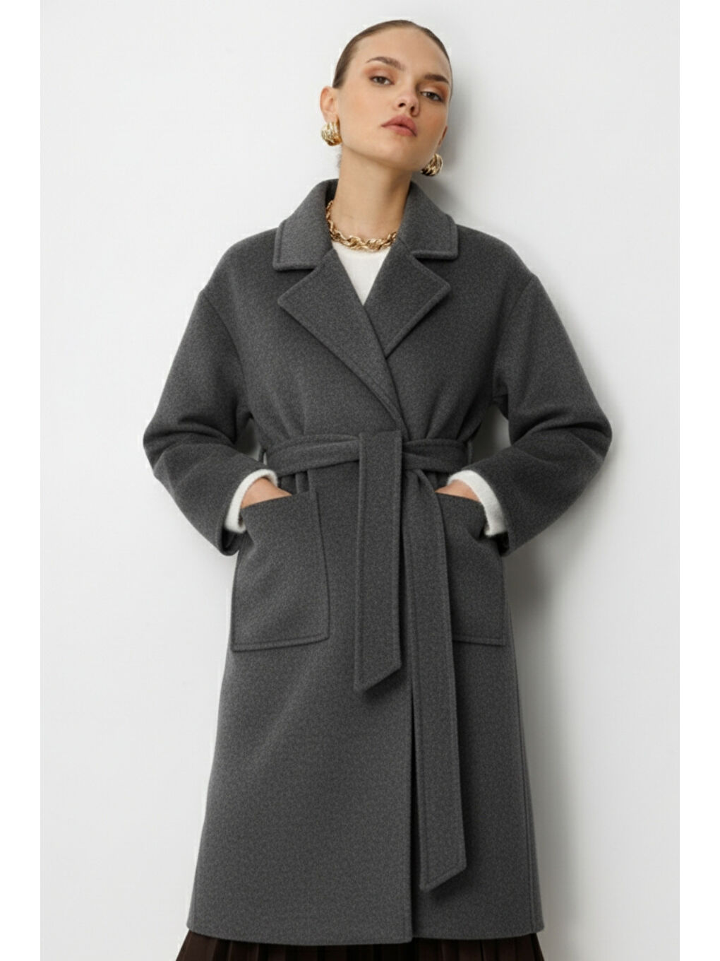 Yünlü Kaşe Doku Torba Cepli Basic Antrasit Kaban-2