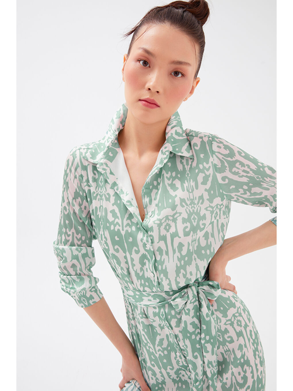 Kuşaklı Desenli Midi Elbise - Yeşil-2