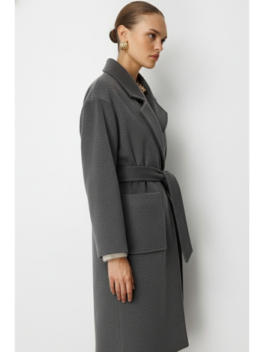 Yünlü Kaşe Doku Torba Cepli Basic Antrasit Kaban-3