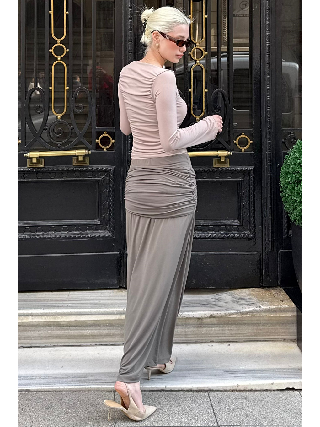 Haki Toka Detaylı Büzgülü Uzun Kadın Etek Mg2700-3