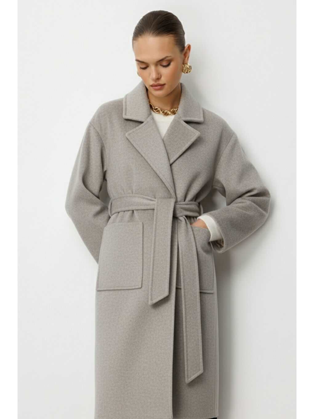 Bej Yünlü Kaşe Doku Torba Cepli Basic Vizon Rengi Kaban-1