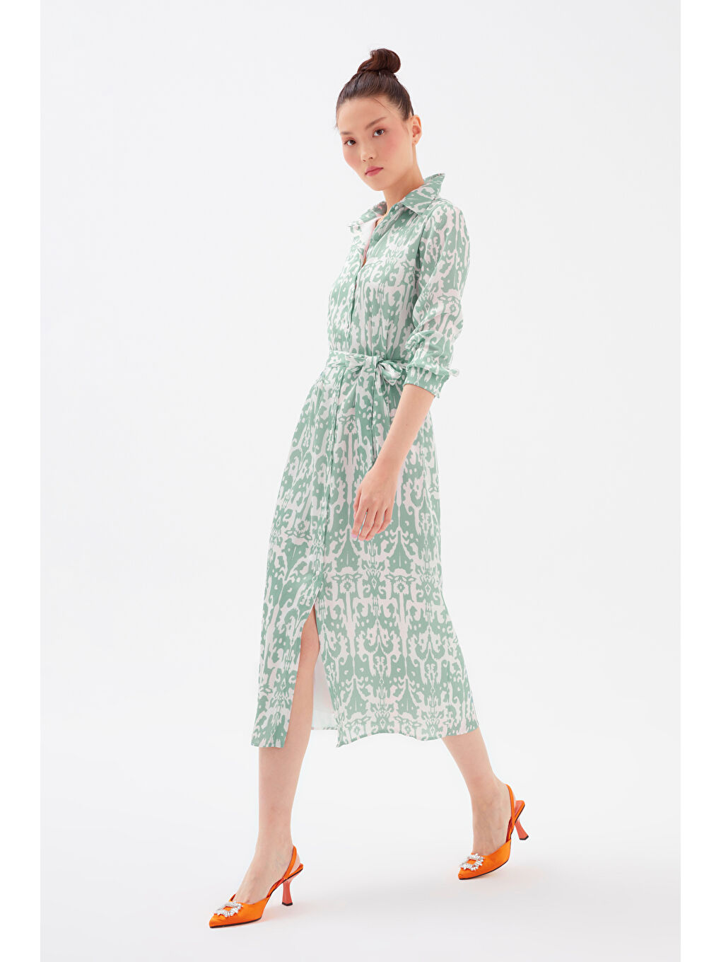 Kuşaklı Desenli Midi Elbise - Yeşil-3