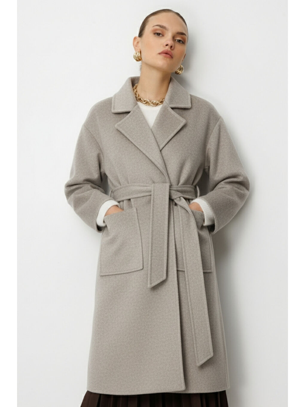 Bej Yünlü Kaşe Doku Torba Cepli Basic Vizon Rengi Kaban-2