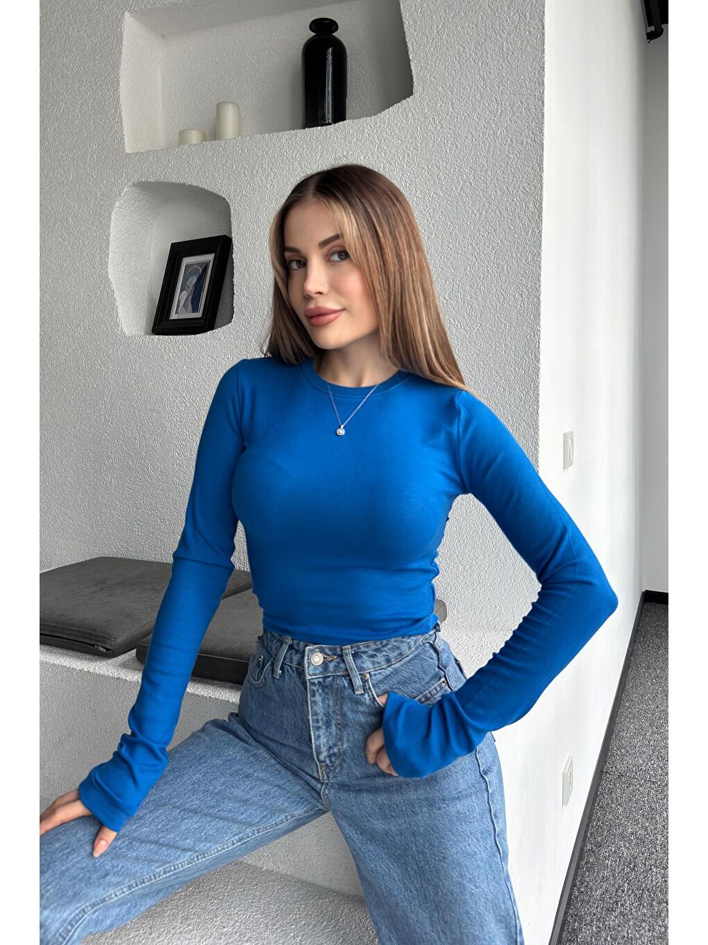 Kadın Saks Mavisi Yuvarlak Yaka Elastanlı Uzun Kol Body Bluz-1