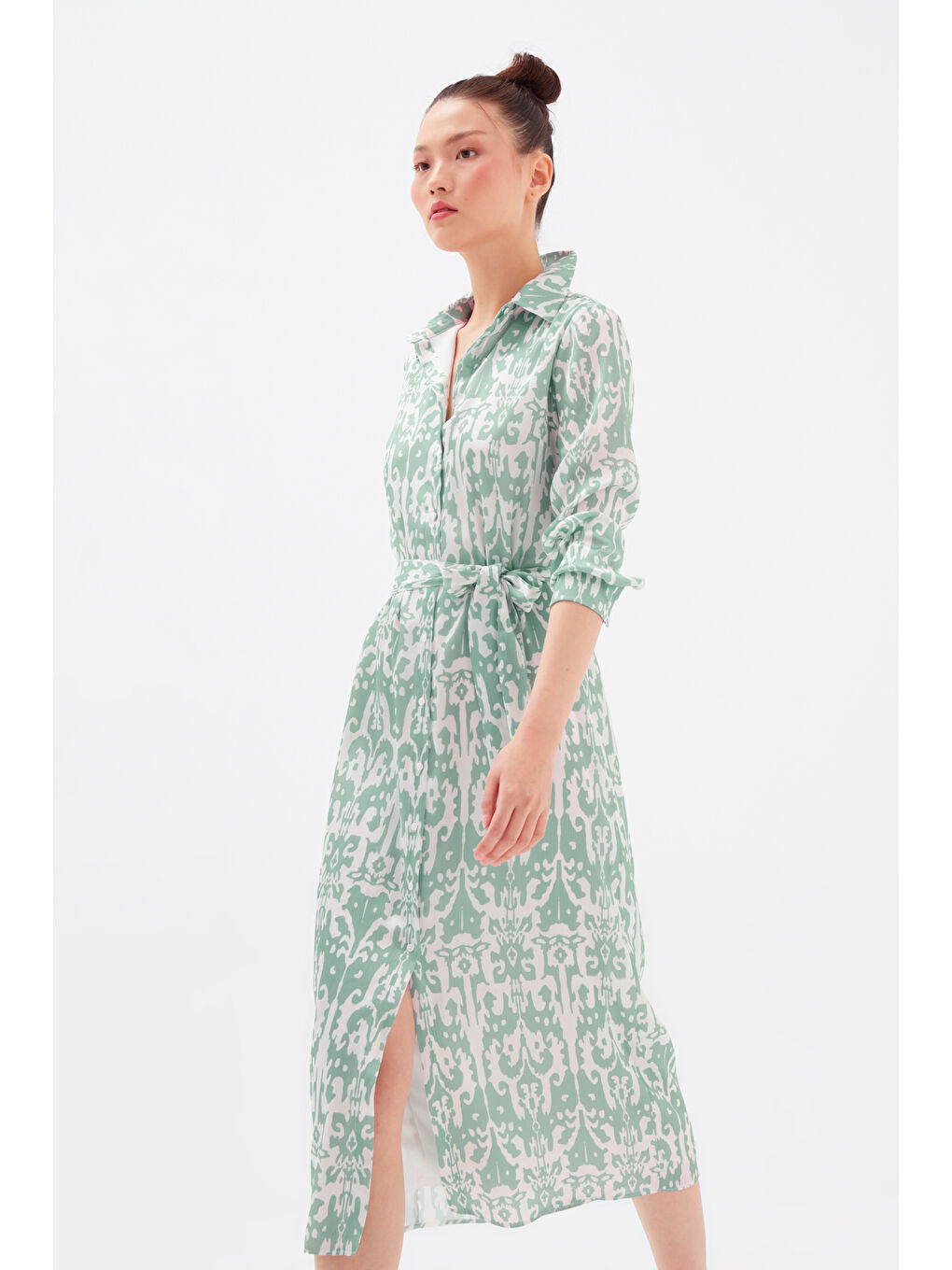 Kuşaklı Desenli Midi Elbise - Yeşil-4