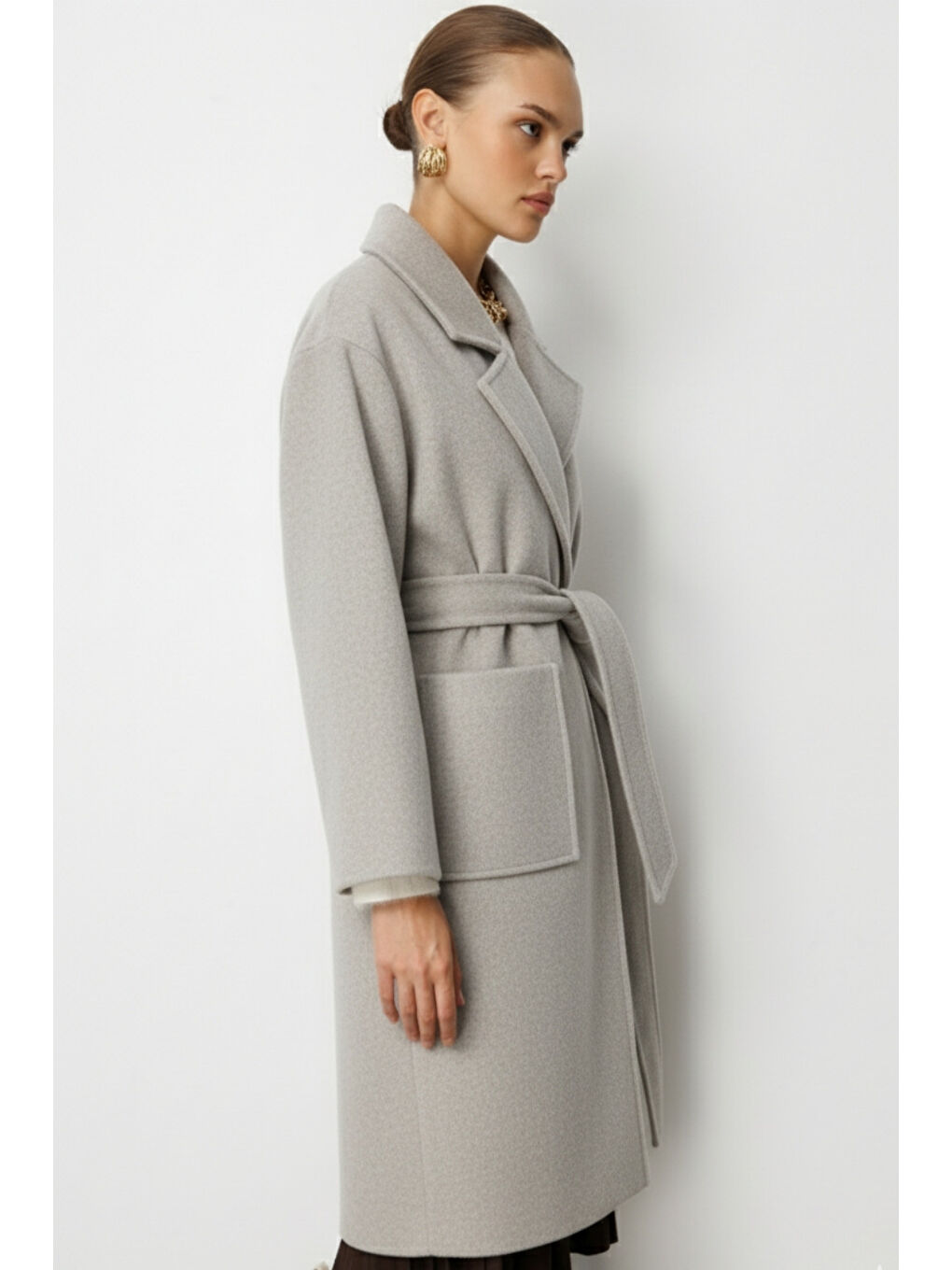 Bej Yünlü Kaşe Doku Torba Cepli Basic Vizon Rengi Kaban-3