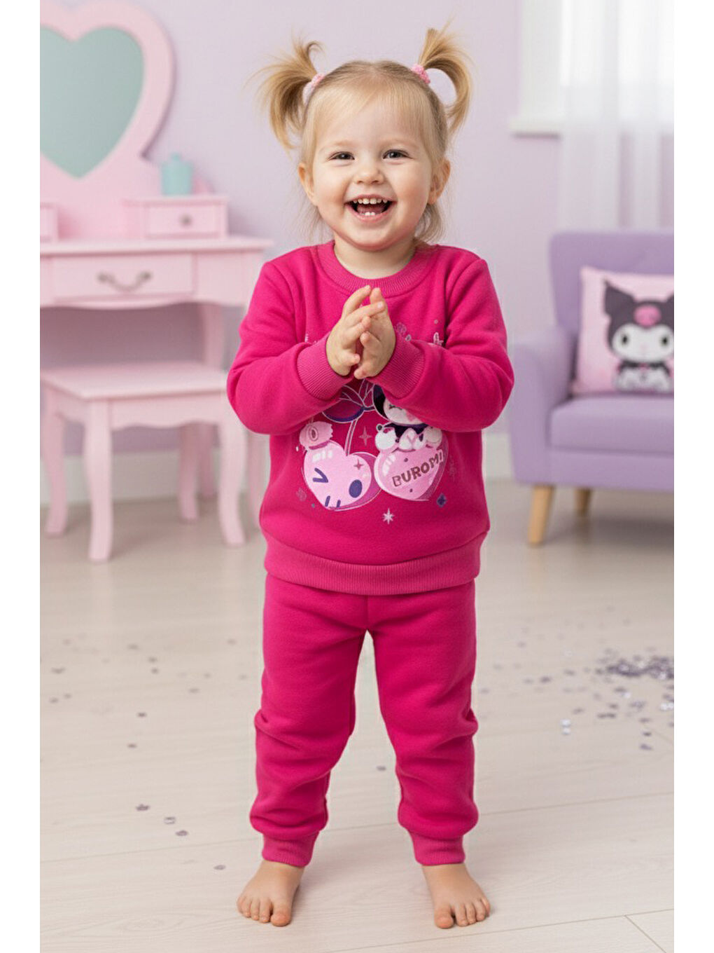 Fuşya Kız Çocuk Fusya Baskılı Üç İplik Şardonlu Takım - 27966-FUSYA-1