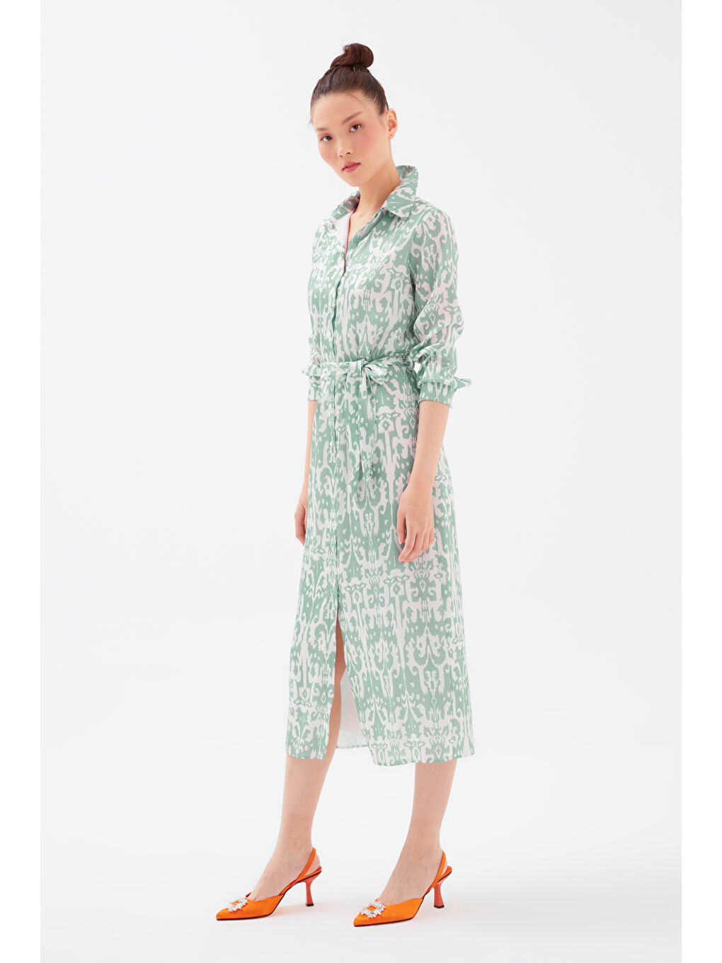 Kuşaklı Desenli Midi Elbise - Yeşil-5