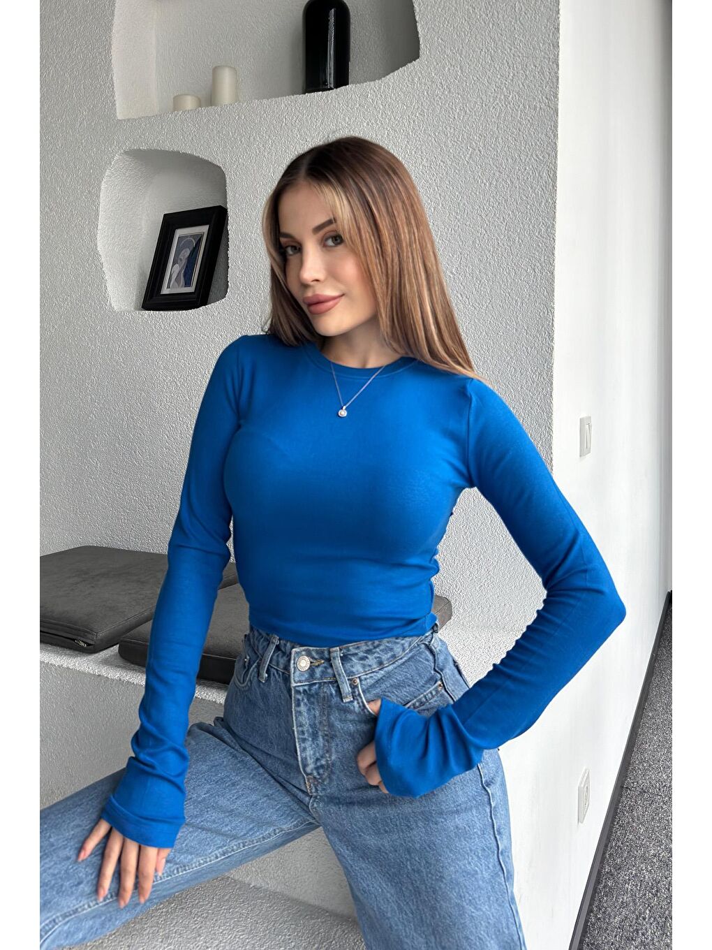 Kadın Saks Mavisi Yuvarlak Yaka Elastanlı Uzun Kol Body Bluz-2