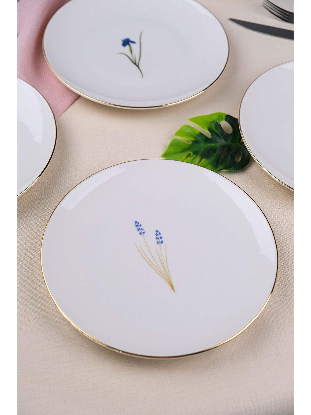 Beyaz Porselen Natura Karma Altın Yaldız Pasta Tabağı 20,50cm 6 lı-3