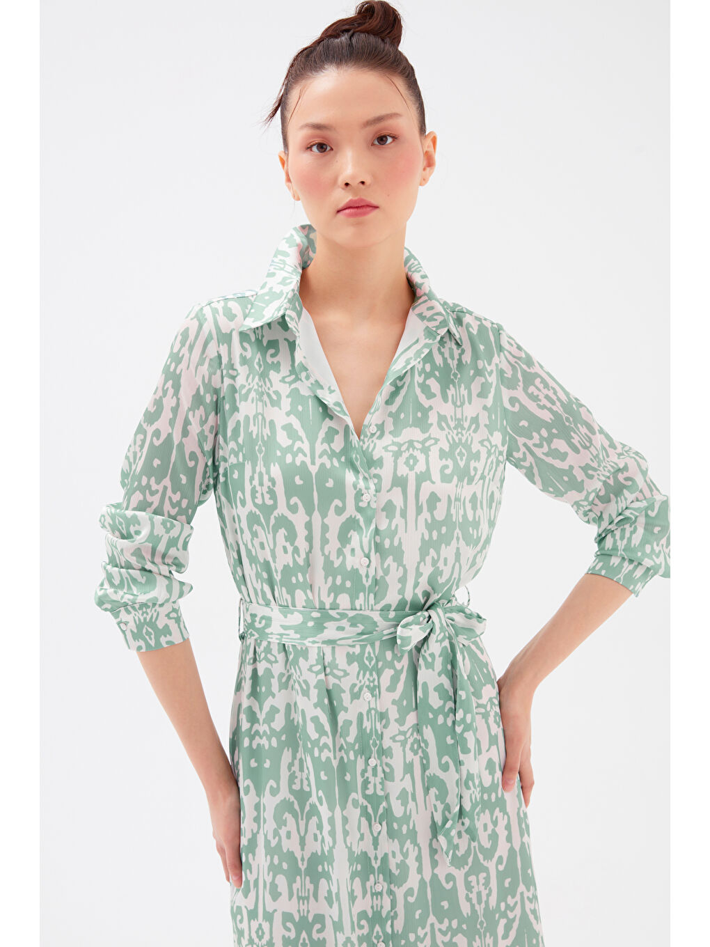 Kuşaklı Desenli Midi Elbise - Yeşil-6