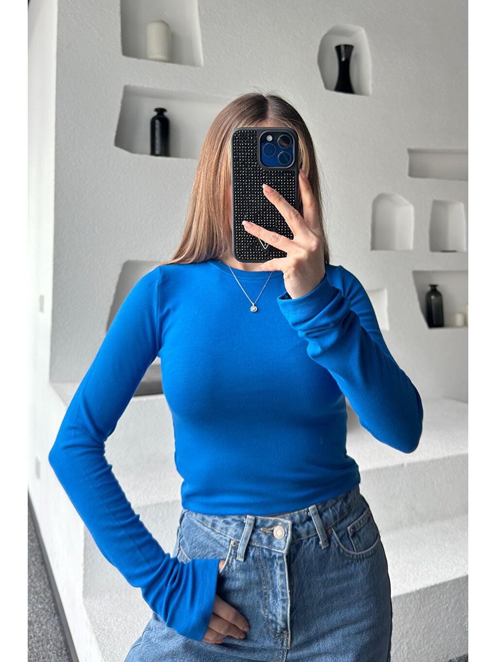 Kadın Saks Mavisi Yuvarlak Yaka Elastanlı Uzun Kol Body Bluz-3