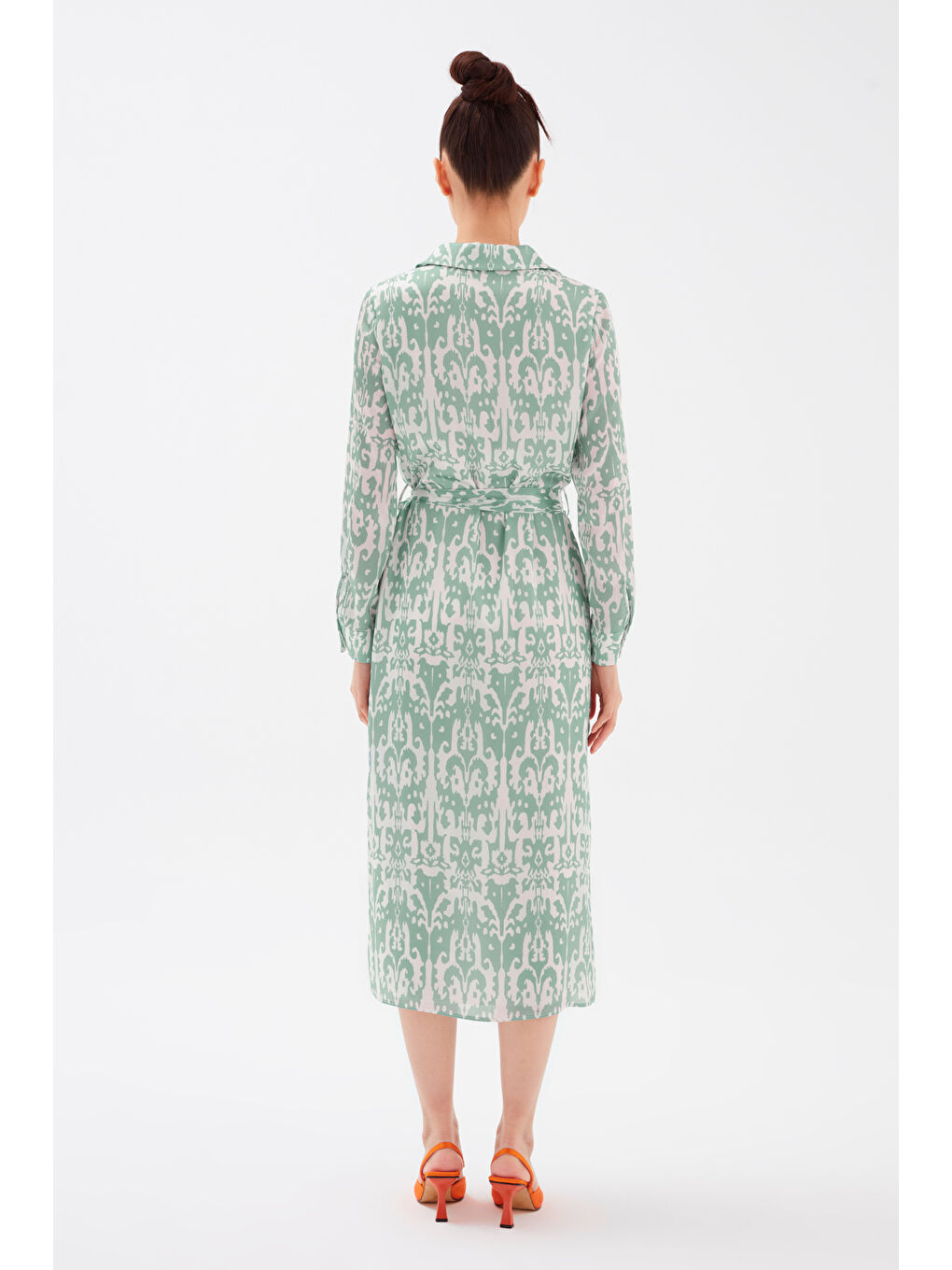 Kuşaklı Desenli Midi Elbise - Yeşil-7