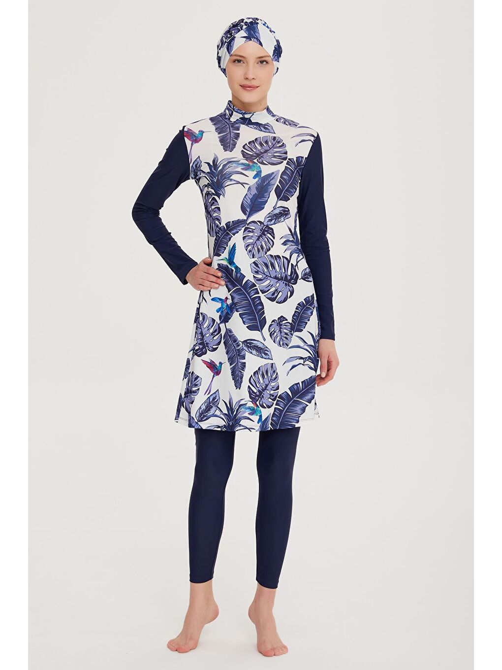 Lacivert Tasarım Elastanlı Tesettür Mayo Mavi Yapraklar R900-105-1